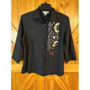 AKC Womens Black Embroidered 3/4 Sleeve Button Front Linen Shirt  Size XL (0180)